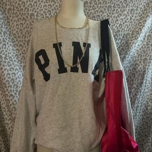 PINK Gray Speckled Crewneck Sweatshirt with Black Lettering